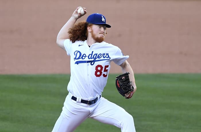 Aug 10, 2020; Los Angeles, California, USA; Los Angeles Dodgers starting pitcher Dustin May (85) pitches in the first inning of the game against the San Diego Padres at Dodger Stadium. Mandatory Credit: Jayne Kamin-Oncea-USA TODAY Sports